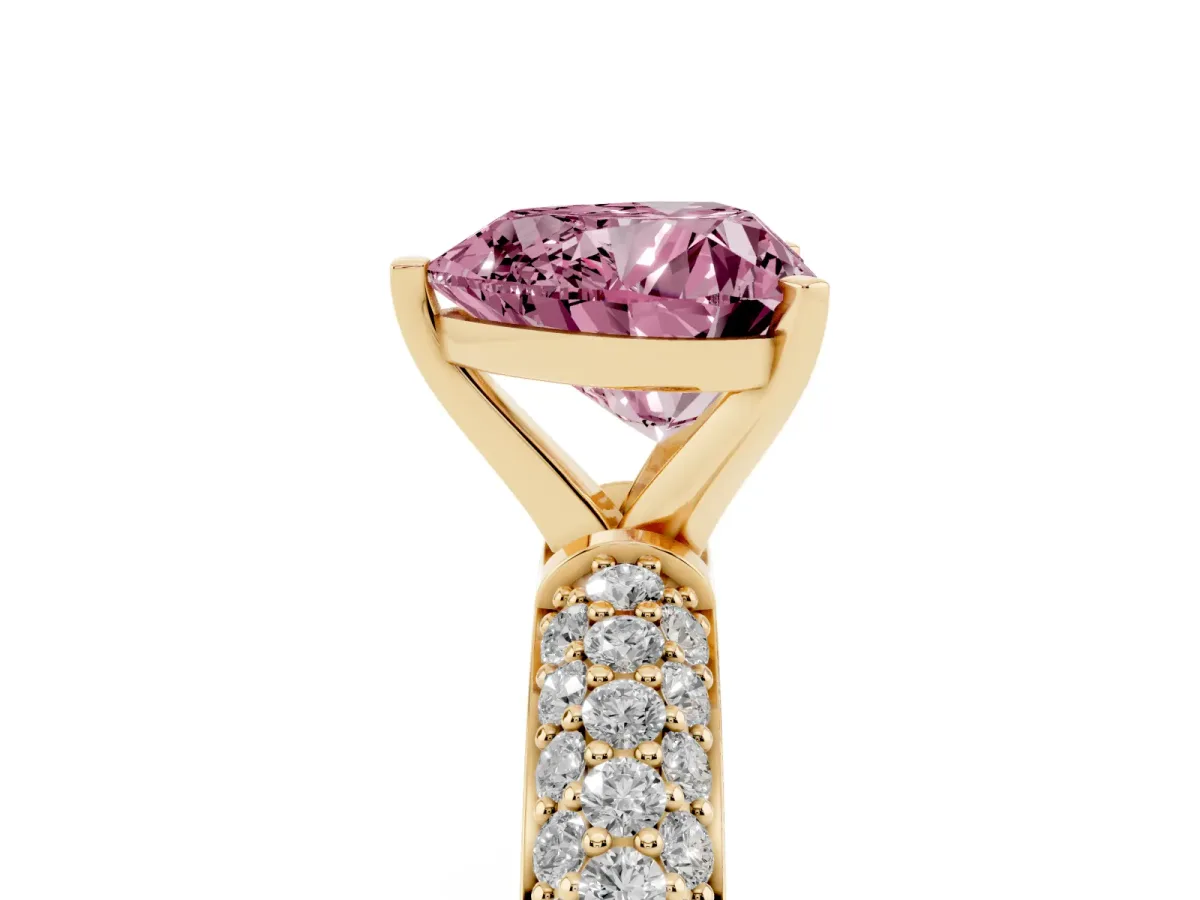 Fancy Pink Heart Cut Diamond Solitaire Ring with Prong Setting and Pavé Band Yellow gold