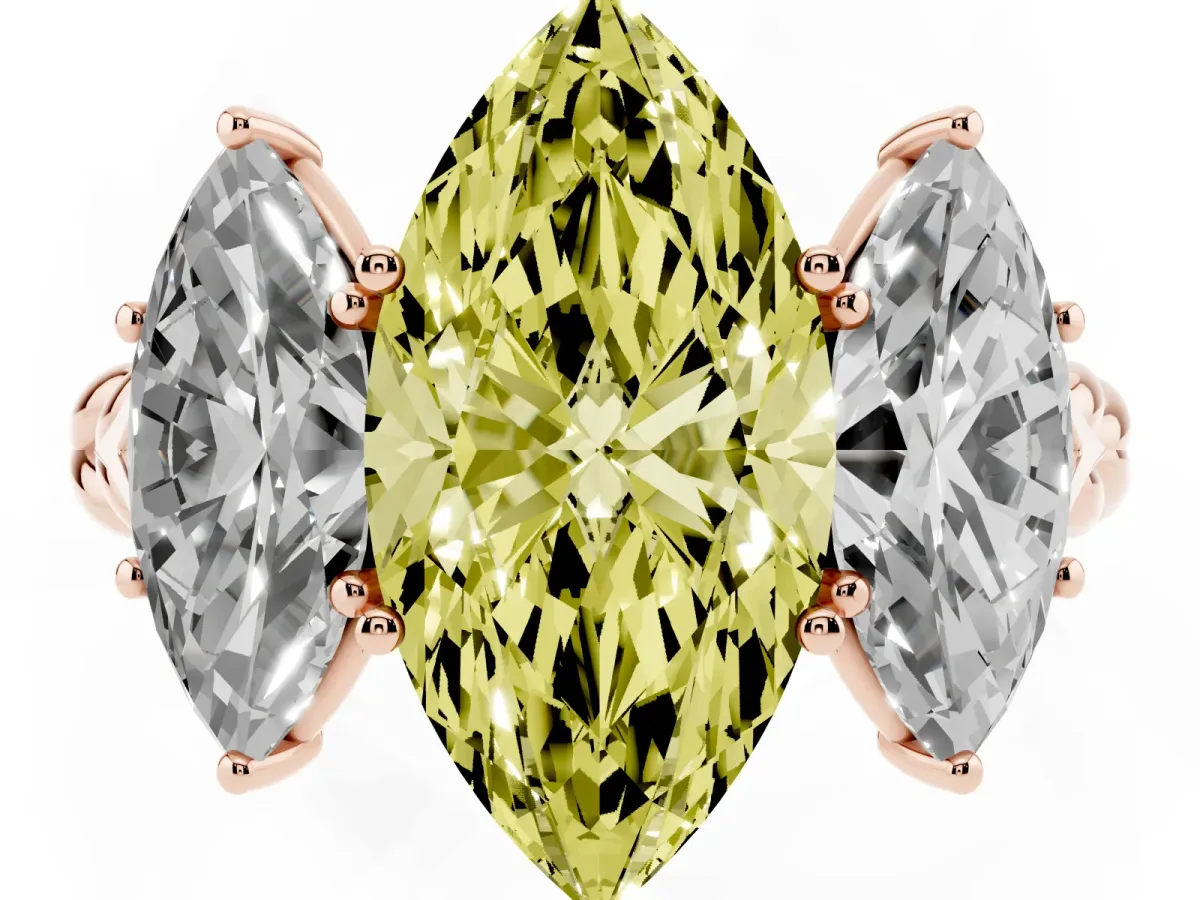 Fancy Yellow Three-Stone Marquise Cut Diamond Braided Band Ring with Four-Prong Setting Rose gold