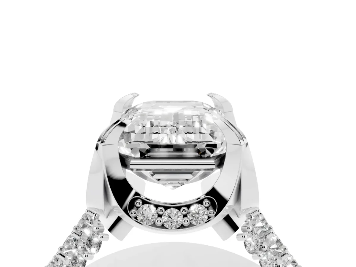 Emerald Cut Solitaire Pave Split Shank Ring with Four-Prong Setting Silver