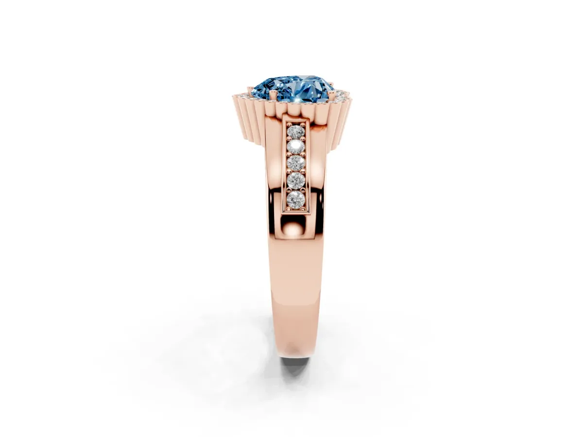 Fancy Blue Heart Cut Cut Halo Pave Band Four-Prong Ring Rose gold