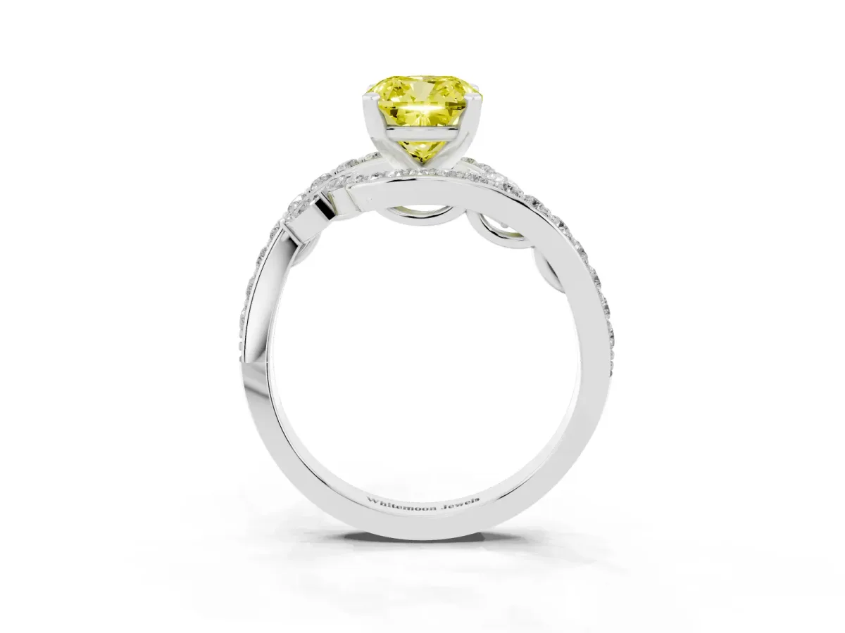 Fancy Yellow Cushion Cut Diamond Solitaire Ring with Filigree Band and Four-Prong Setting Silver