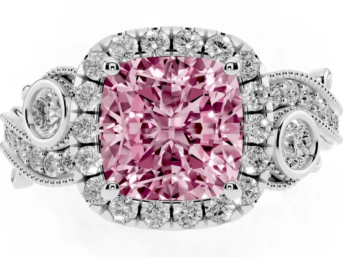 Fancy Pink Cushion Cut Diamond Halo Ring with Milgrain Pavé Band and Four-Prong Setting Silver