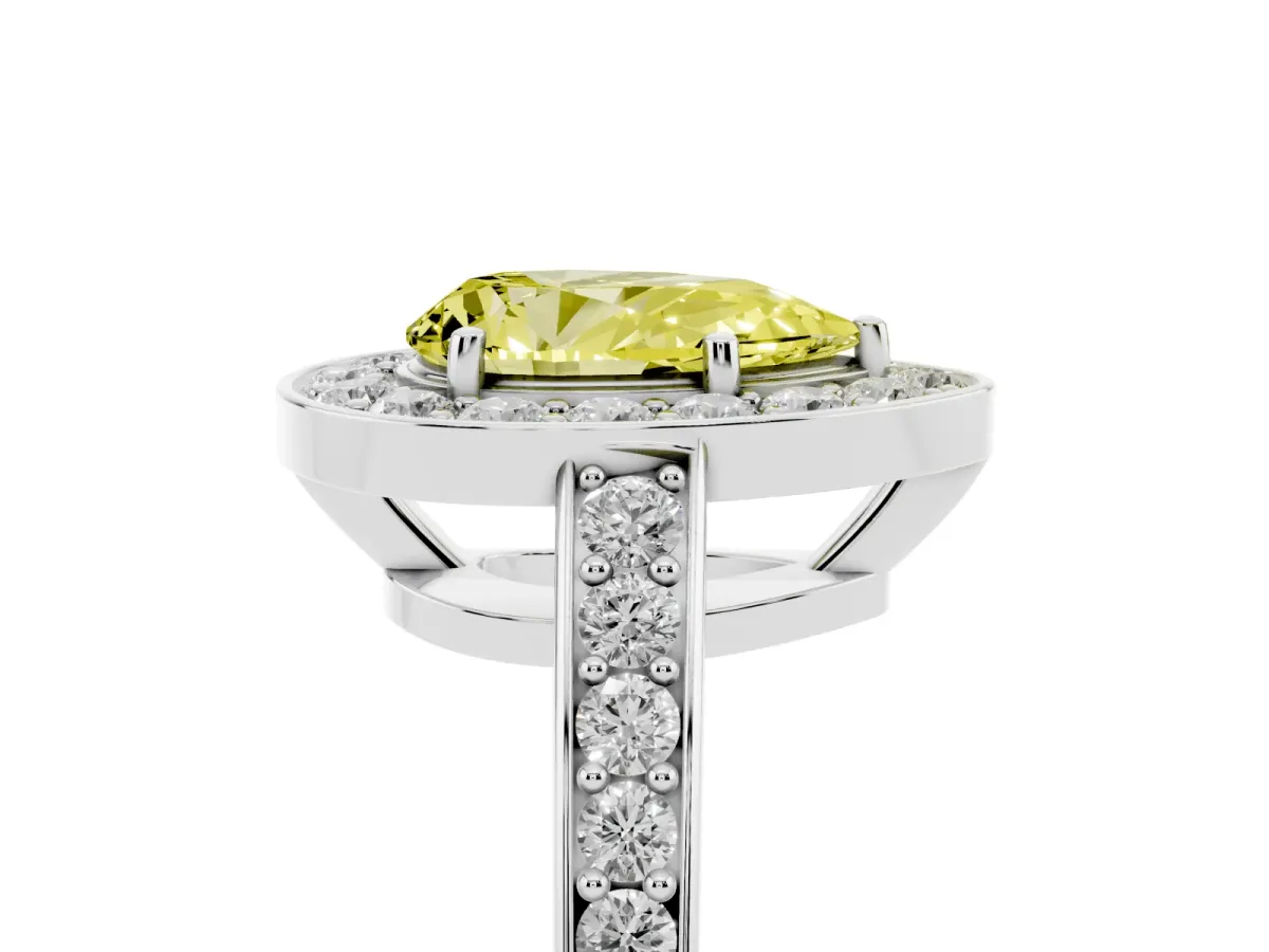 Fancy Yellow Pear Cut Halo Pavé Diamond Engagement Ring with Bezel Setting Silver