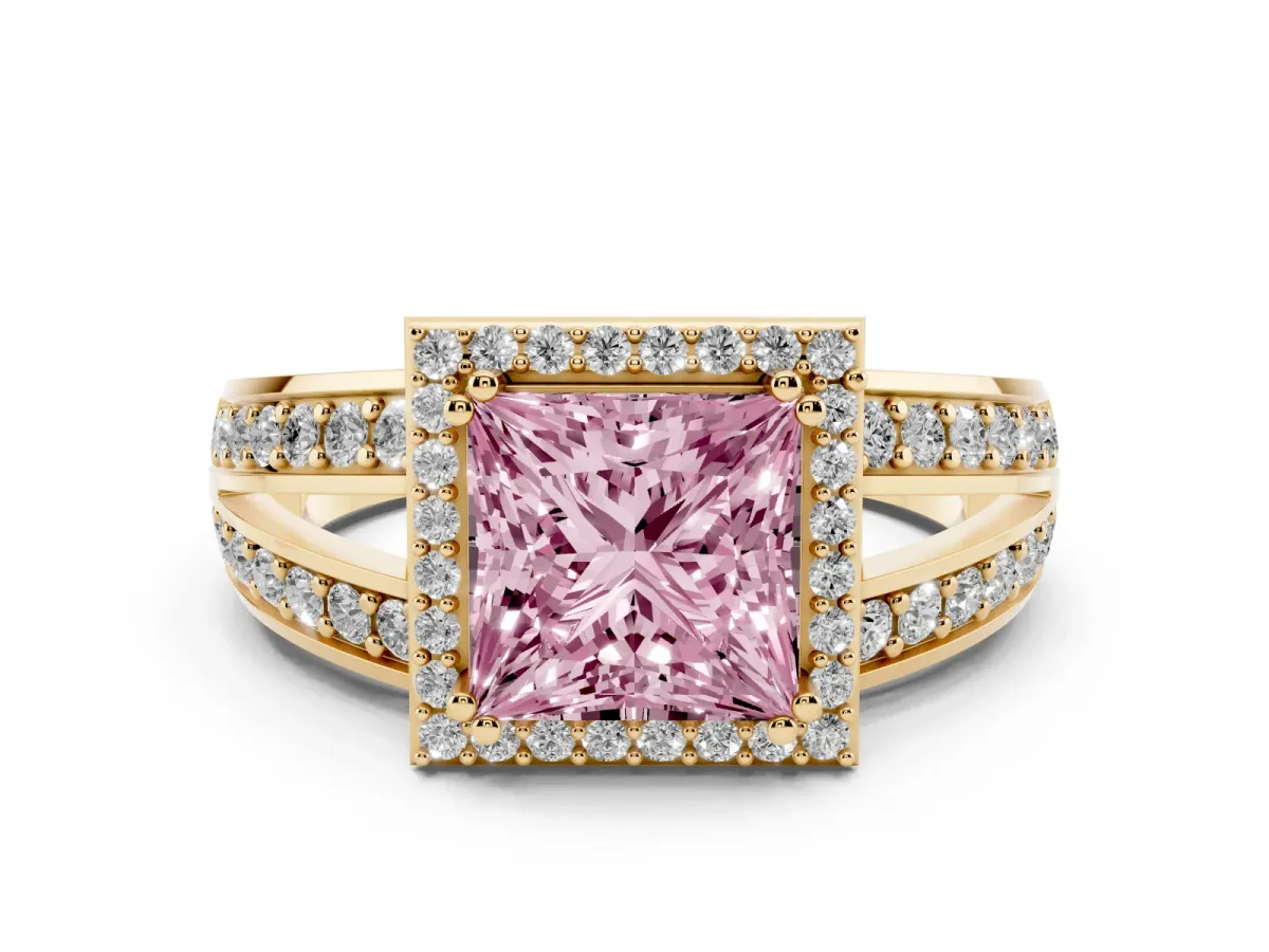 Fancy Pink Princess Cut Diamond Halo Ring with Split Shank Pavé Band and Four-Prong Setting Yellow gold