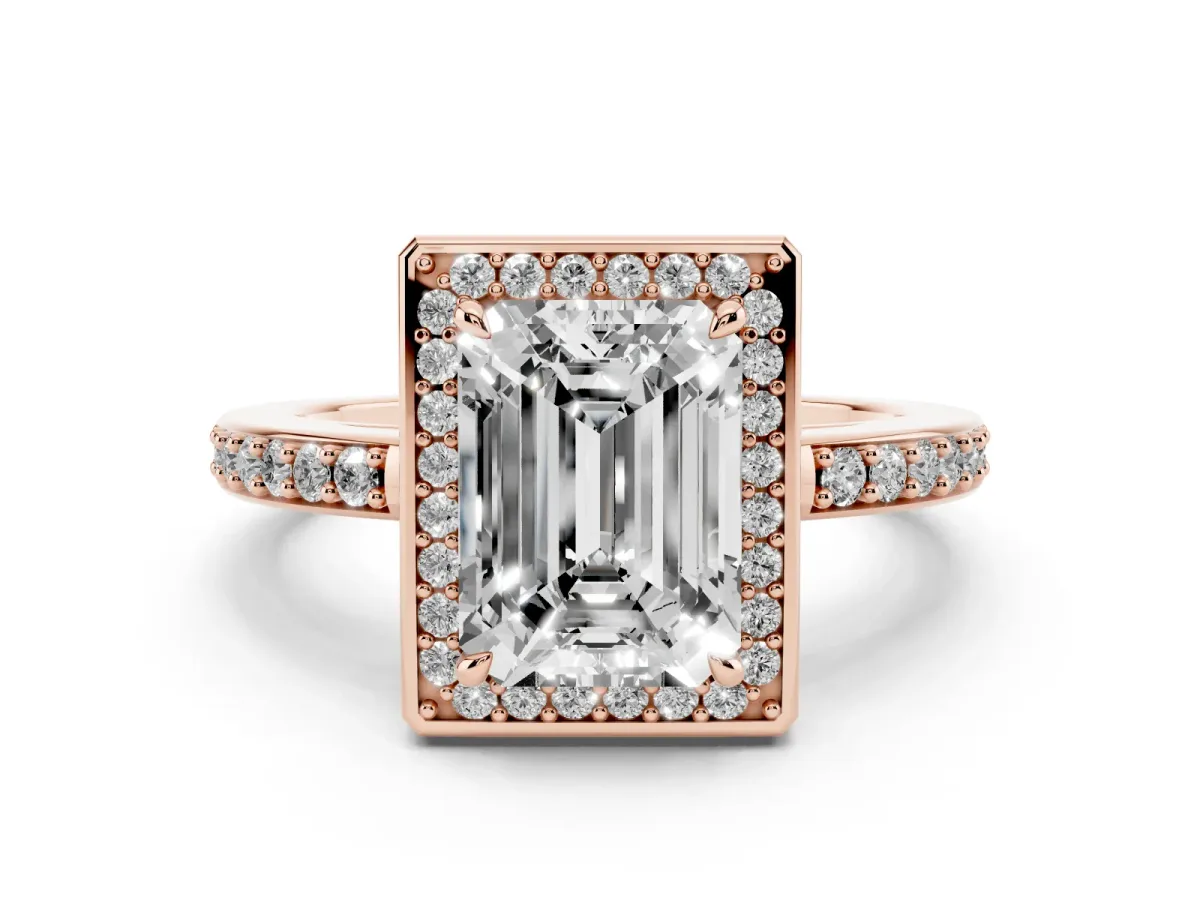 Emerald Cut Halo Pave Band Solitaire Ring with Prong Setting Rose gold