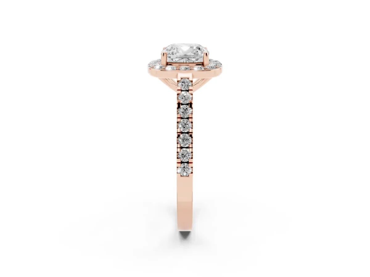 Cushion Cut Diamond Halo Ring with Round Pavé Split Shank and Prong Setting Rose gold