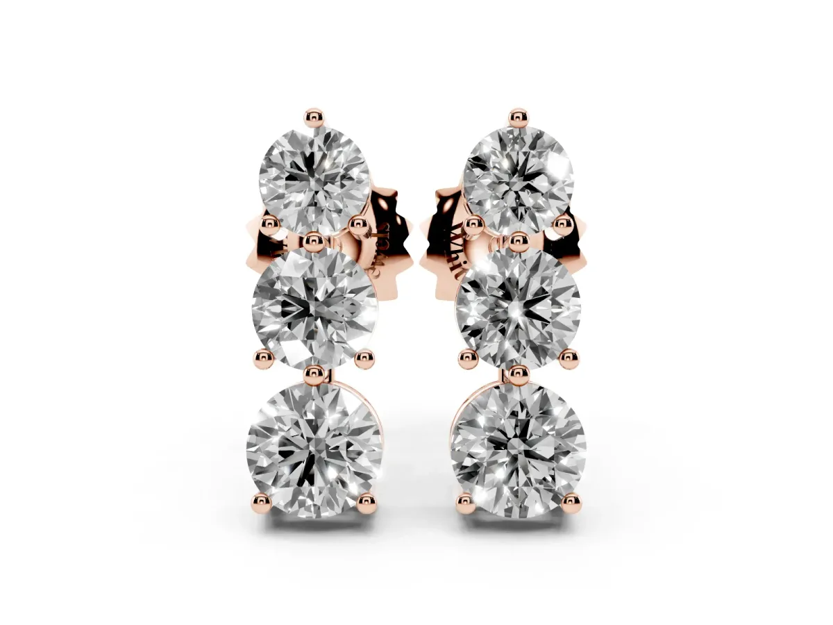 Three-Stone Round Diamond Prong-Set Drop Earrings Rose gold