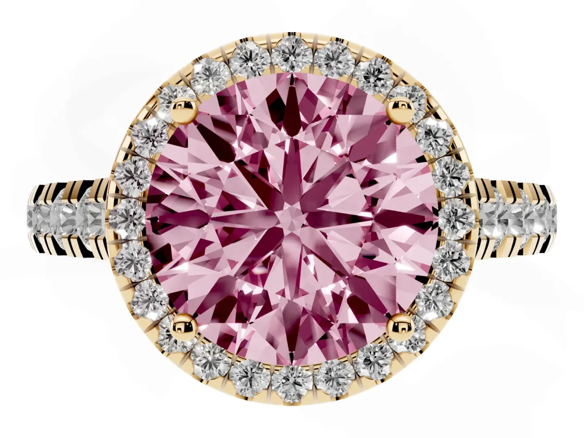 Fancy Pink Round Cut Halo Pavé Diamond Engagement Ring with Four-Prong Setting Yellow gold