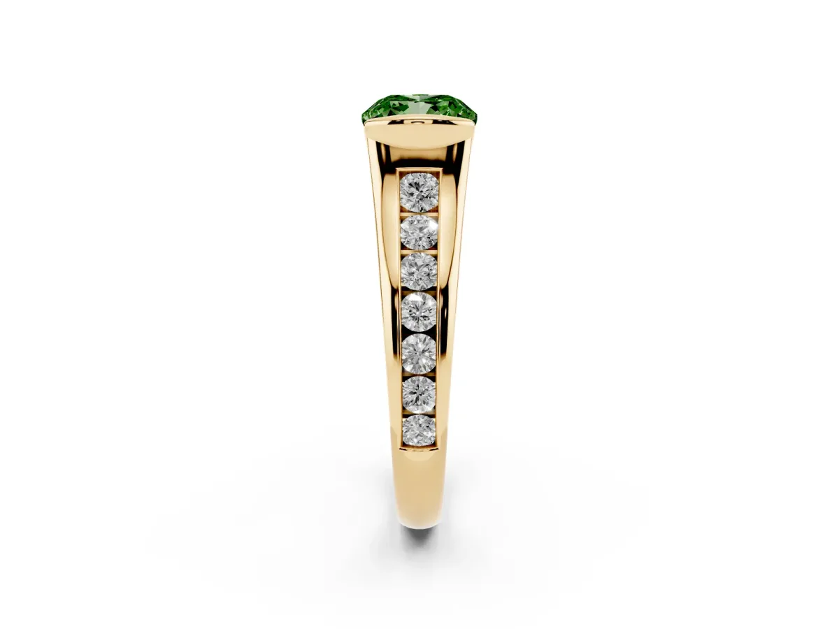 Fancy Green Cushion Cut Solitaire Bezel-Set Diamond Ring with Channel-Set Band Yellow gold
