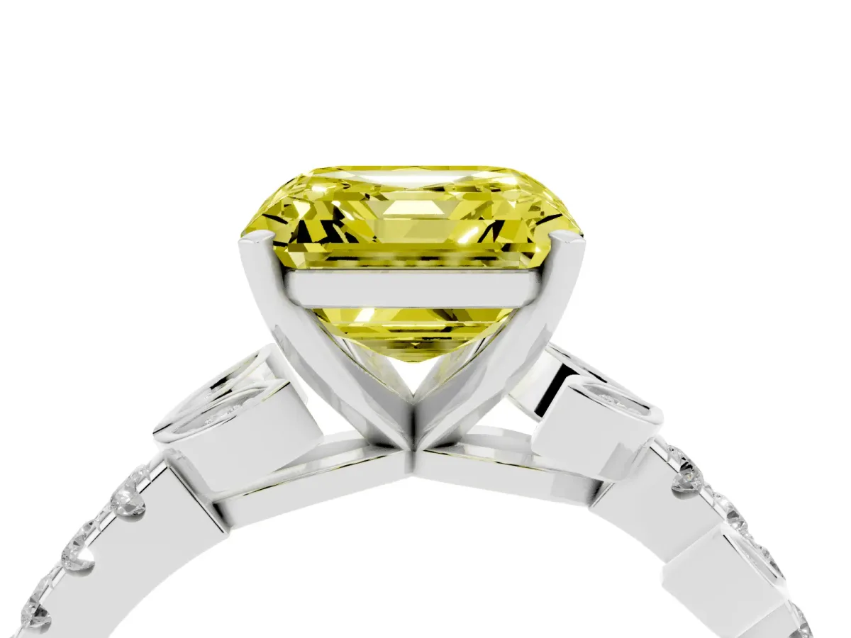 Fancy Yellow Asscher Cut Solitaire Leaf-Inspired Diamond Ring with Pavé Band and Four-Prong Setting Silver
