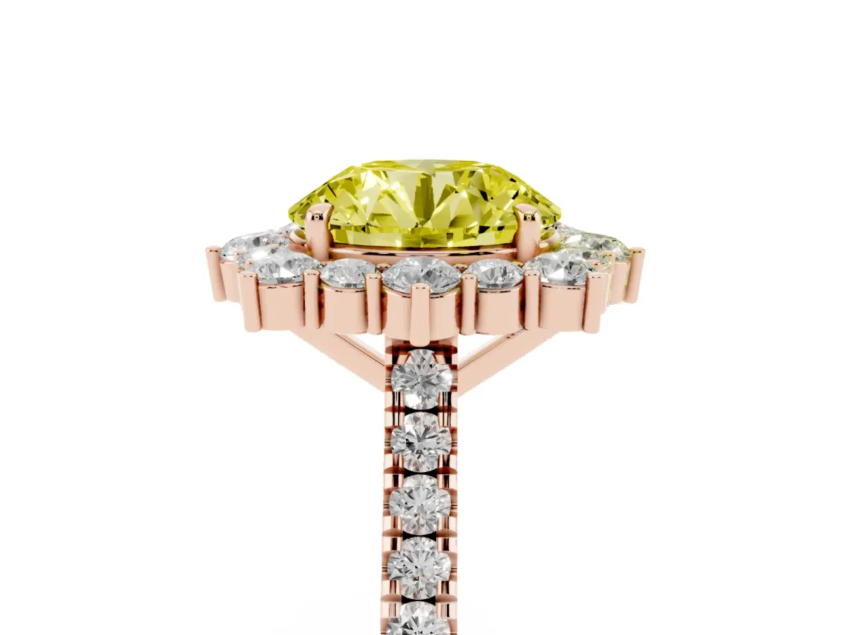 Fancy Yellow Round Cut Halo Diamond Ring with Pavé Band and Prong Setting Rose gold