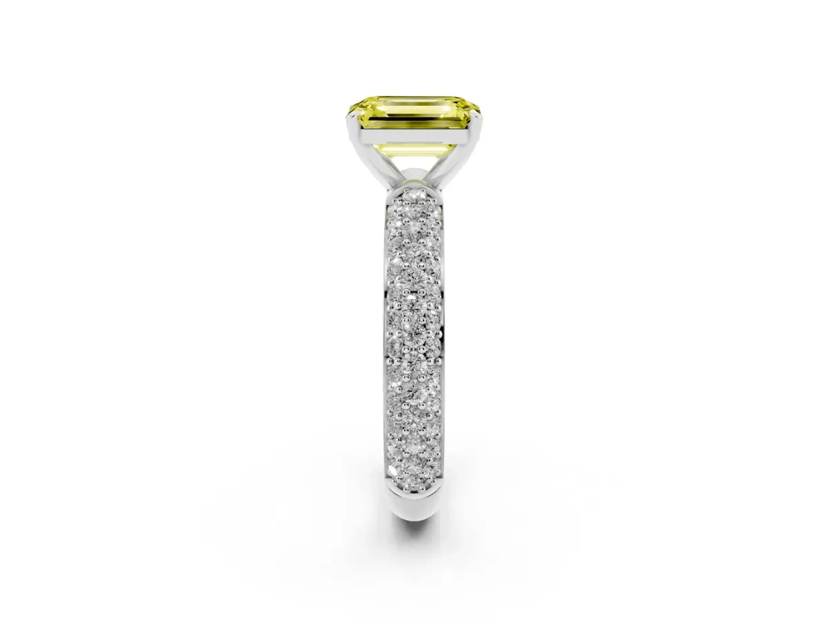 Fancy Yellow Emerald Cut Diamond Solitaire Ring with Prong Setting and Pavé Band Silver