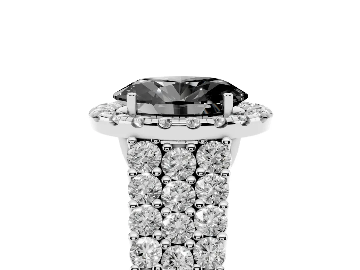 Fancy Black Oval Cut Diamond Halo Engagement Ring with Triple Row Round Pavé Band and Prong Setting Silver