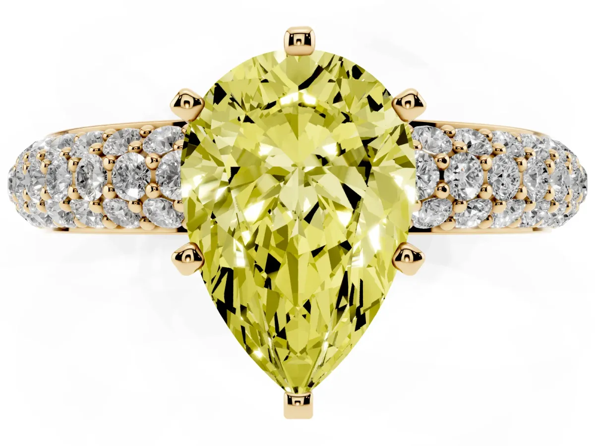 Fancy Yellow Pear Cut Diamond Solitaire Ring with Prong Setting and Pavé Band Yellow gold