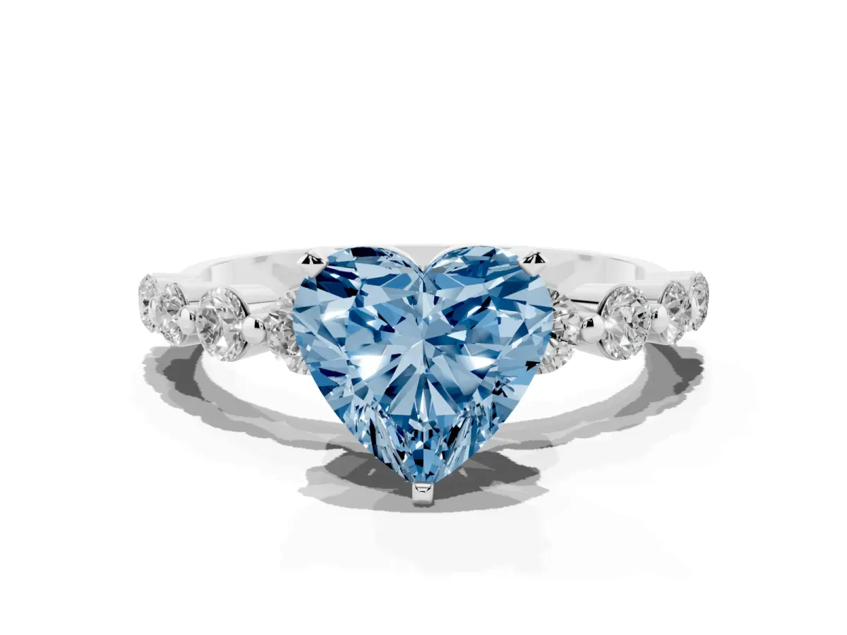 Fancy Blue Heart Cut Solitaire Diamond Ring with Pave Band and Four-Prong Setting Silver