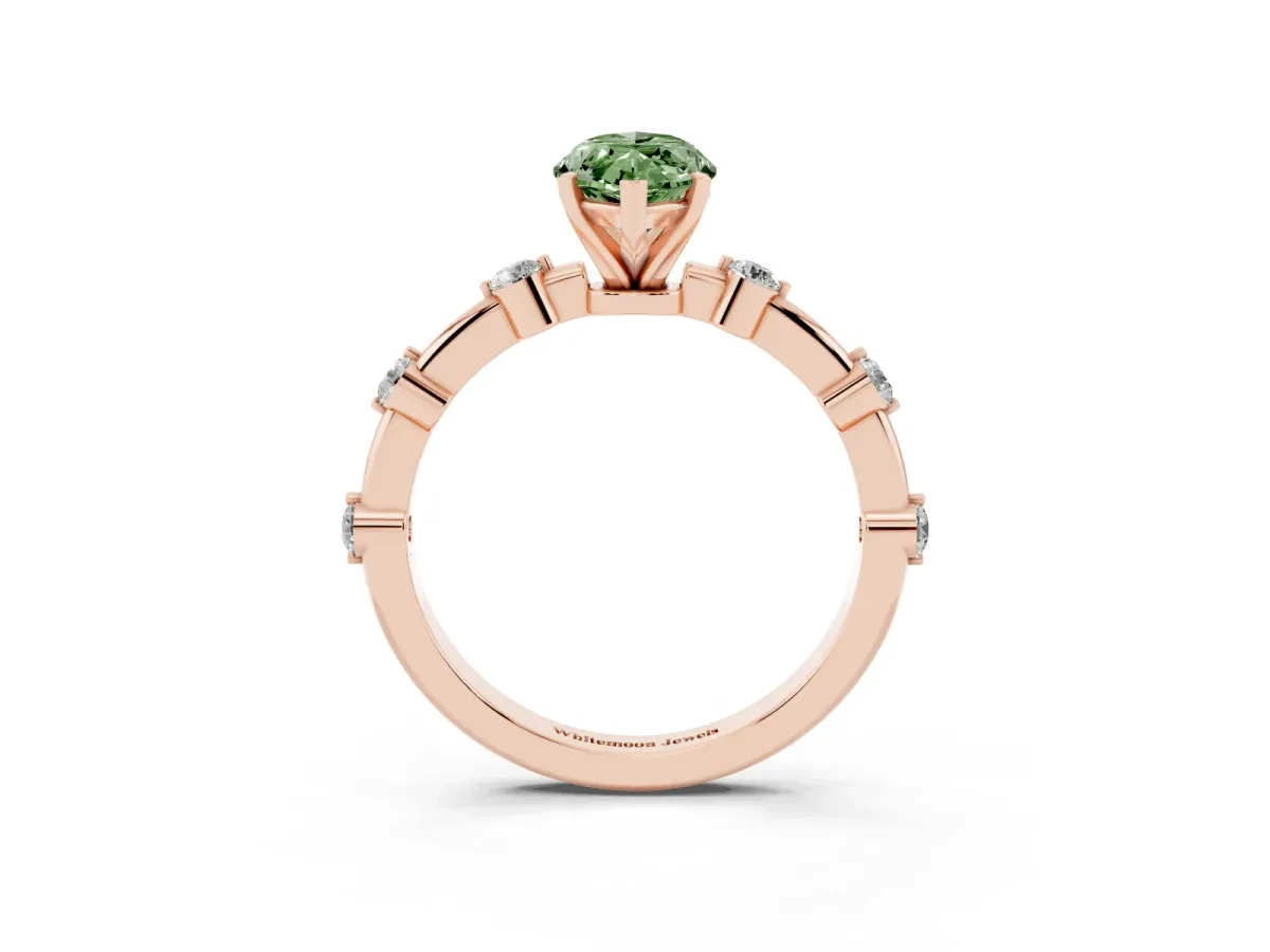 Fancy Green Marquise Cut Solitaire Diamond Ring with Bezel Set Side Stones and Prong Setting Rose gold