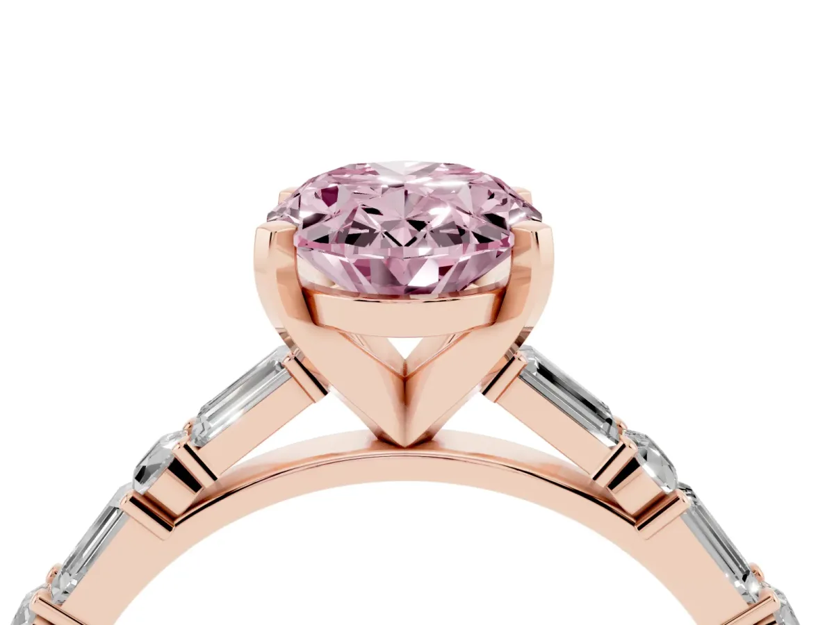 Fancy Pink Oval Cut Diamond Solitaire with Side Baguettes and Channel Set Band Rose gold