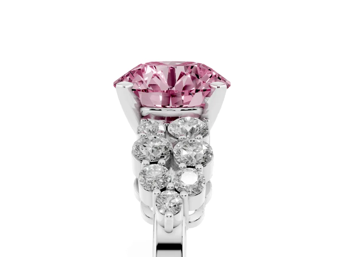 Fancy Pink Round Cut Cluster Diamond Engagement Ring with Pavé Band and Four-Prong Setting Platinum