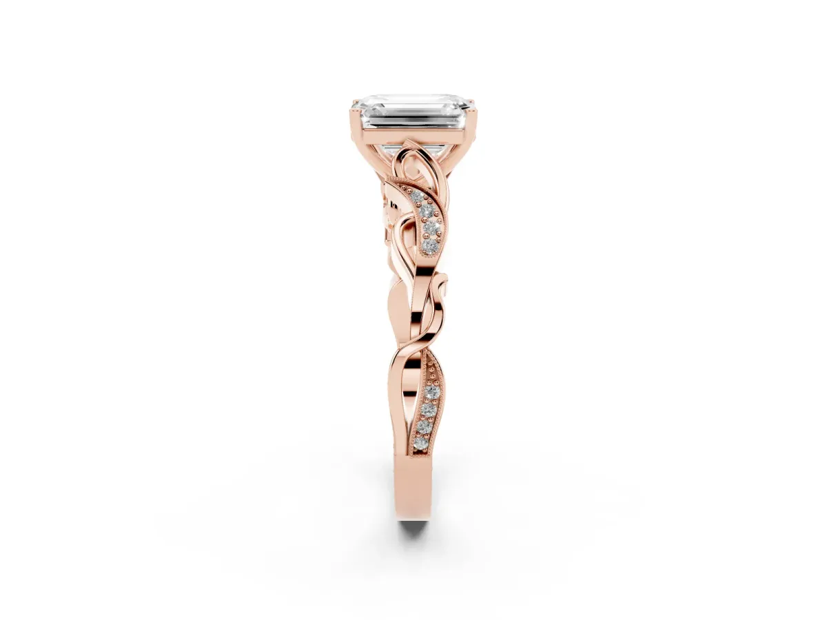 Emerald Cut Solitaire Vine Band with Milgrain Prong Setting Rose gold