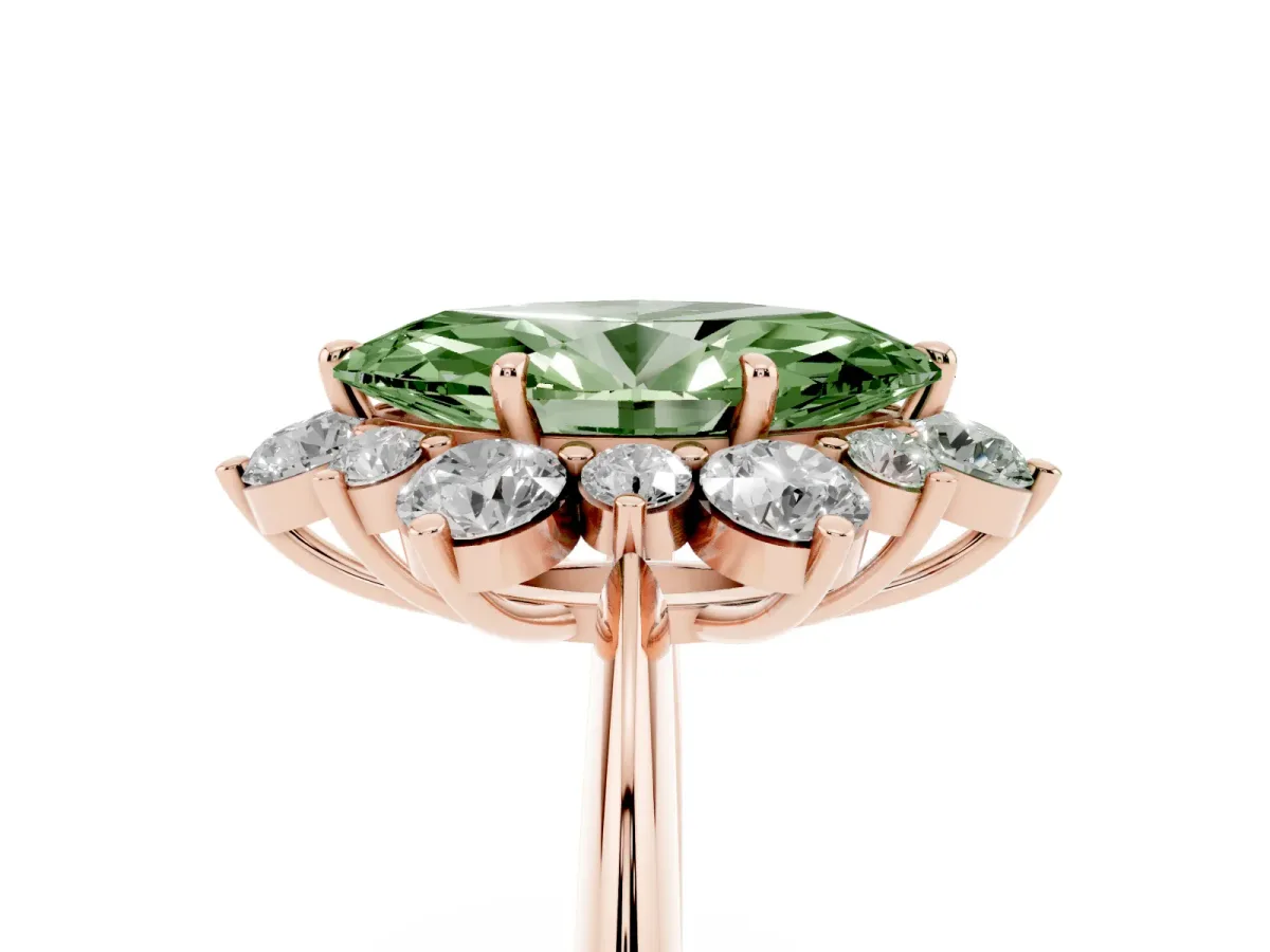 Fancy Green Marquise Cut Diamond Cluster Halo Ring with Solitaire Band and Four-Prong Setting Rose gold