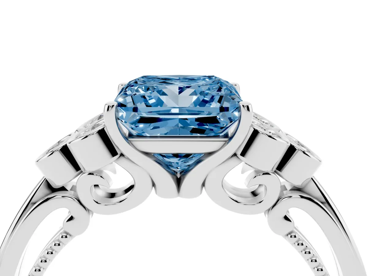 Fancy Blue Princess Cut Cut Diamond Engagement Ring with Bezel Set Round Side Stones and Prong Setting White gold