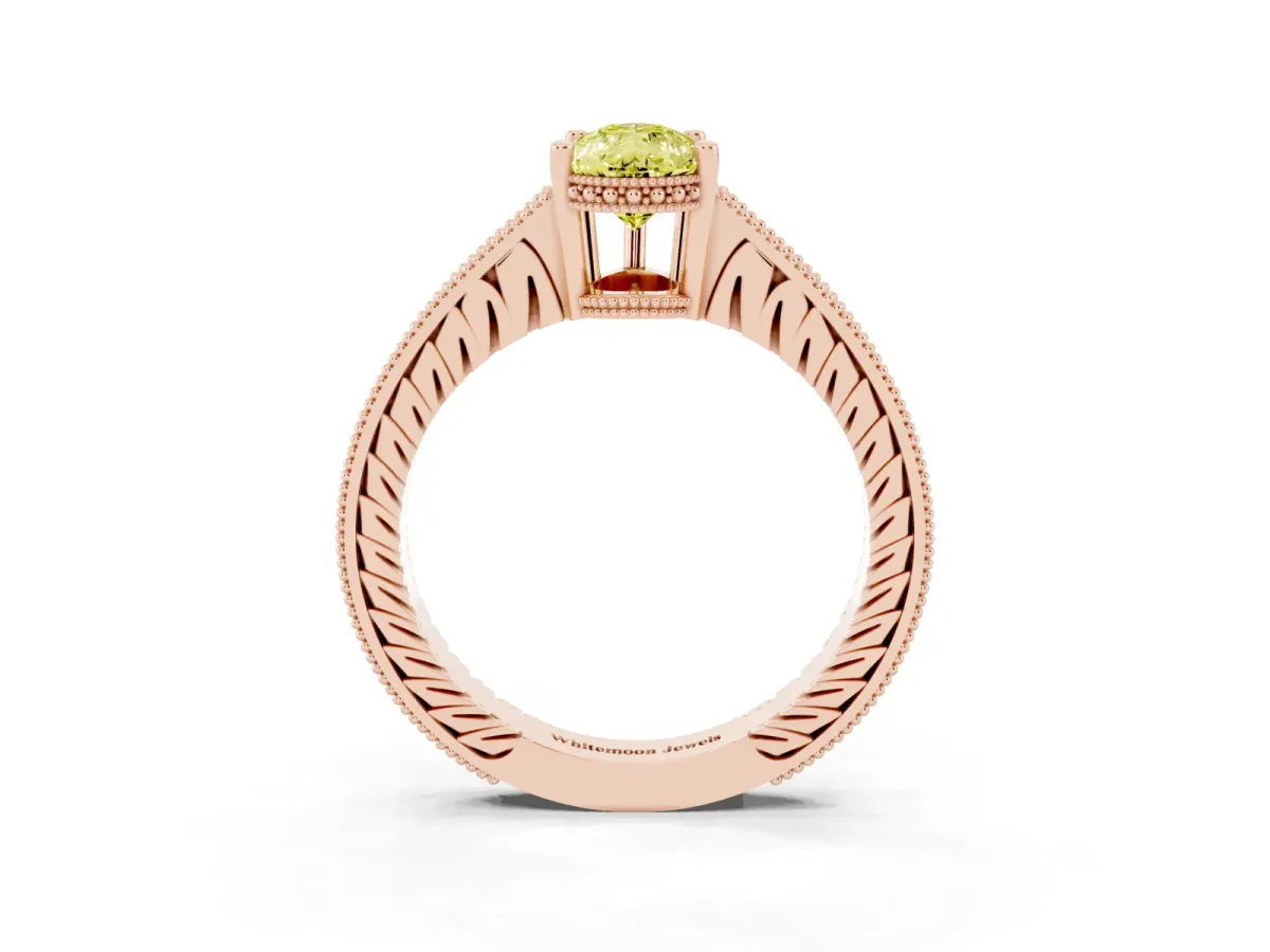 Fancy Yellow Pear Cut Solitaire Pavé Diamond Milgrain Engagement Ring with Four-Prong Setting Rose gold