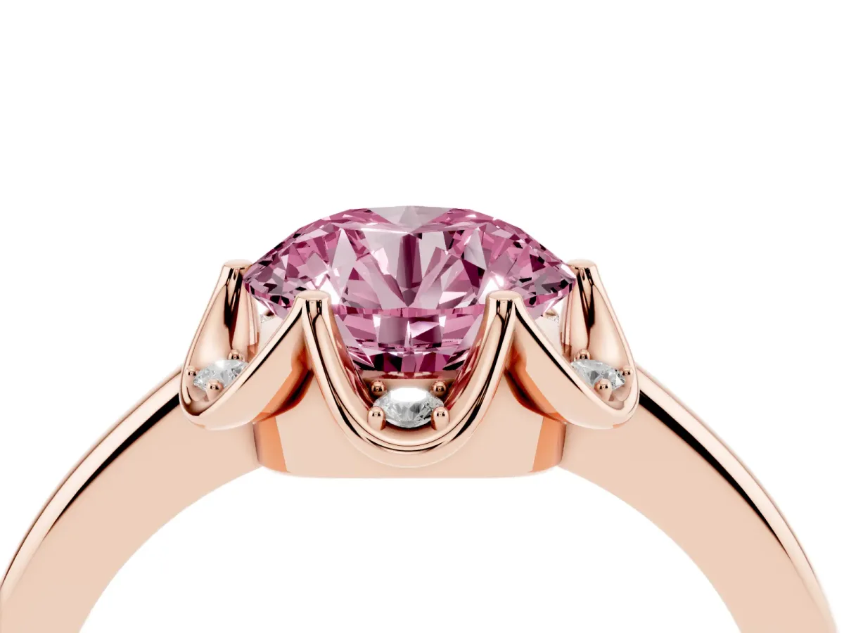 Fancy Pink Round Cut Halo Diamond Ring with Round Cluster Setting, Solitaire Band, and Four-Prong Setting Rose gold