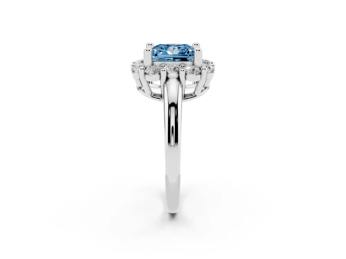 Fancy Blue Princess Cut Halo Cluster Diamond Engagement Ring with Prong Setting and Polished Band Platinum