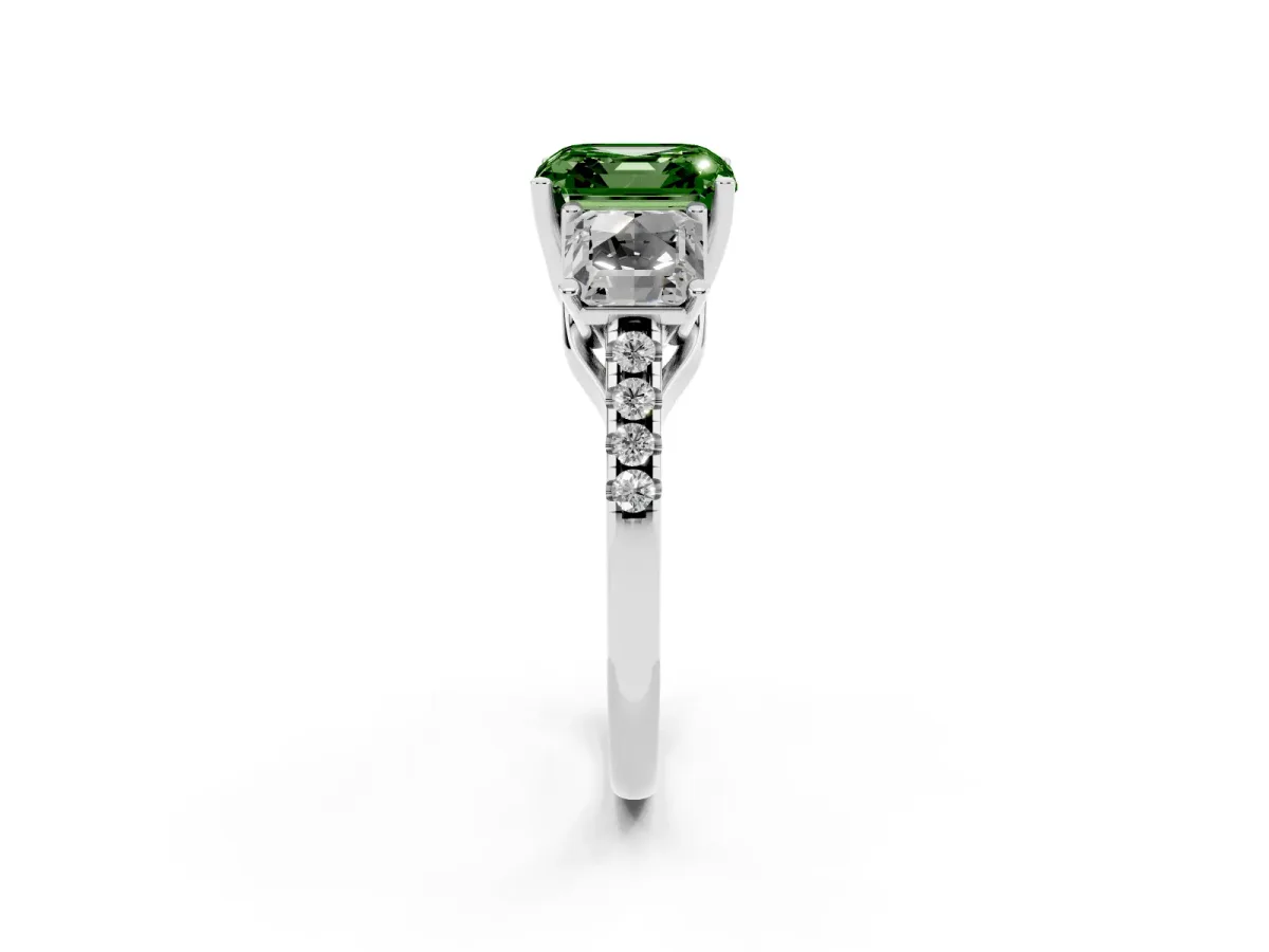 Fancy Green Three-Stone Asscher Cut Diamond Ring with Round Pavé Band and Prong Setting Silver