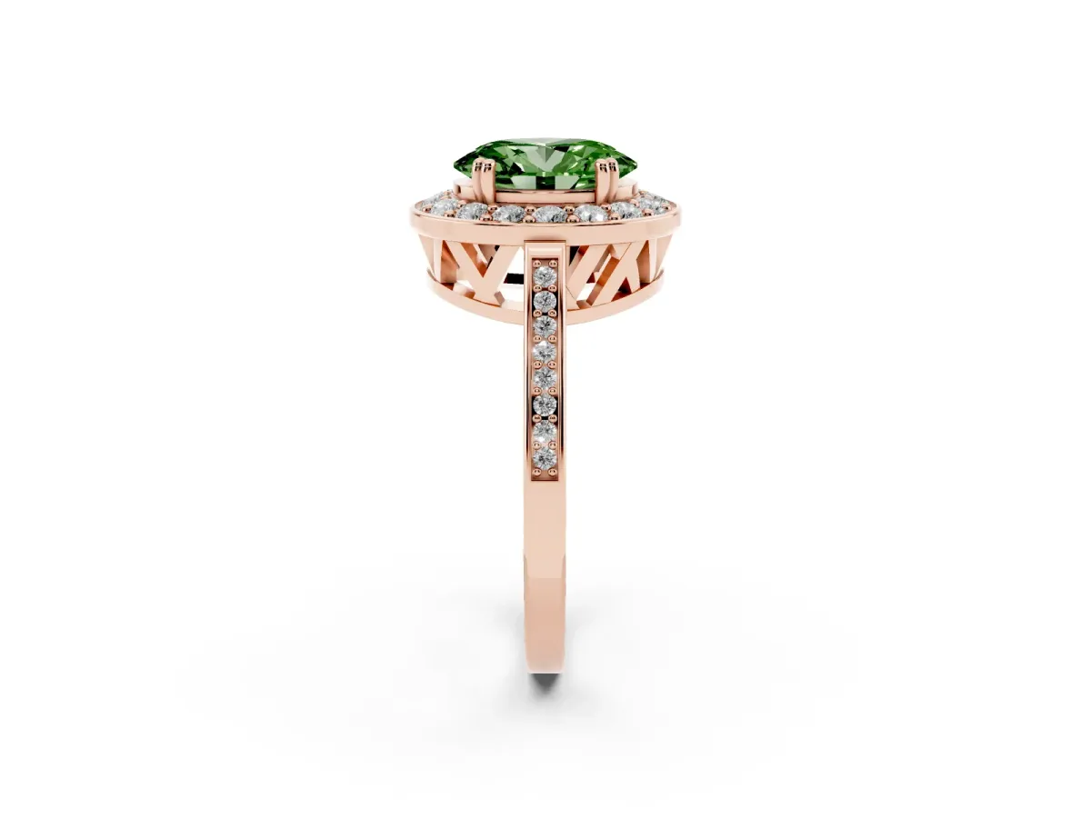Fancy Green Oval Cut Diamond Halo Ring with Split Shank and Four-Prong Setting Rose gold