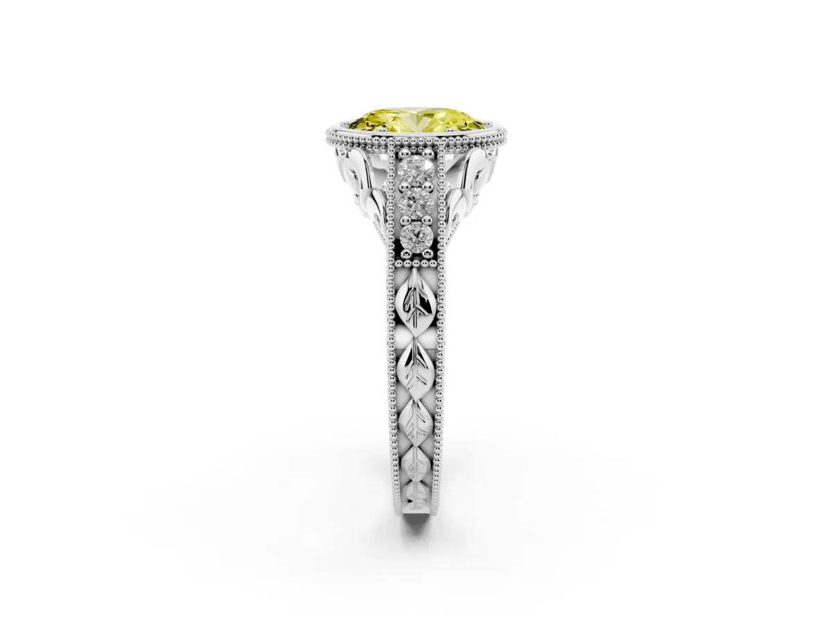 Fancy Yellow Bezel Set Oval Cut Diamond Milgrain Pave Engagement Ring Silver
