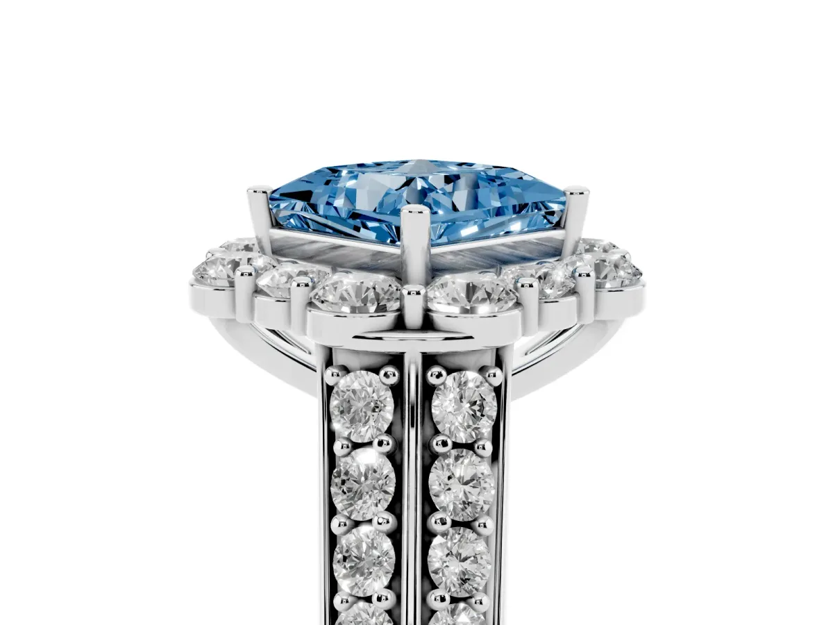 Fancy Blue Princess Cut Halo Diamond Engagement Ring with Split Shank and Prong Setting Silver