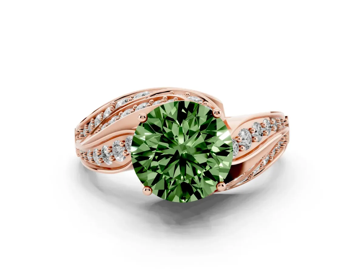 Fancy Green Round Cut Diamond Solitaire Ring with Prong Setting and Twisted Pavé Band Rose gold