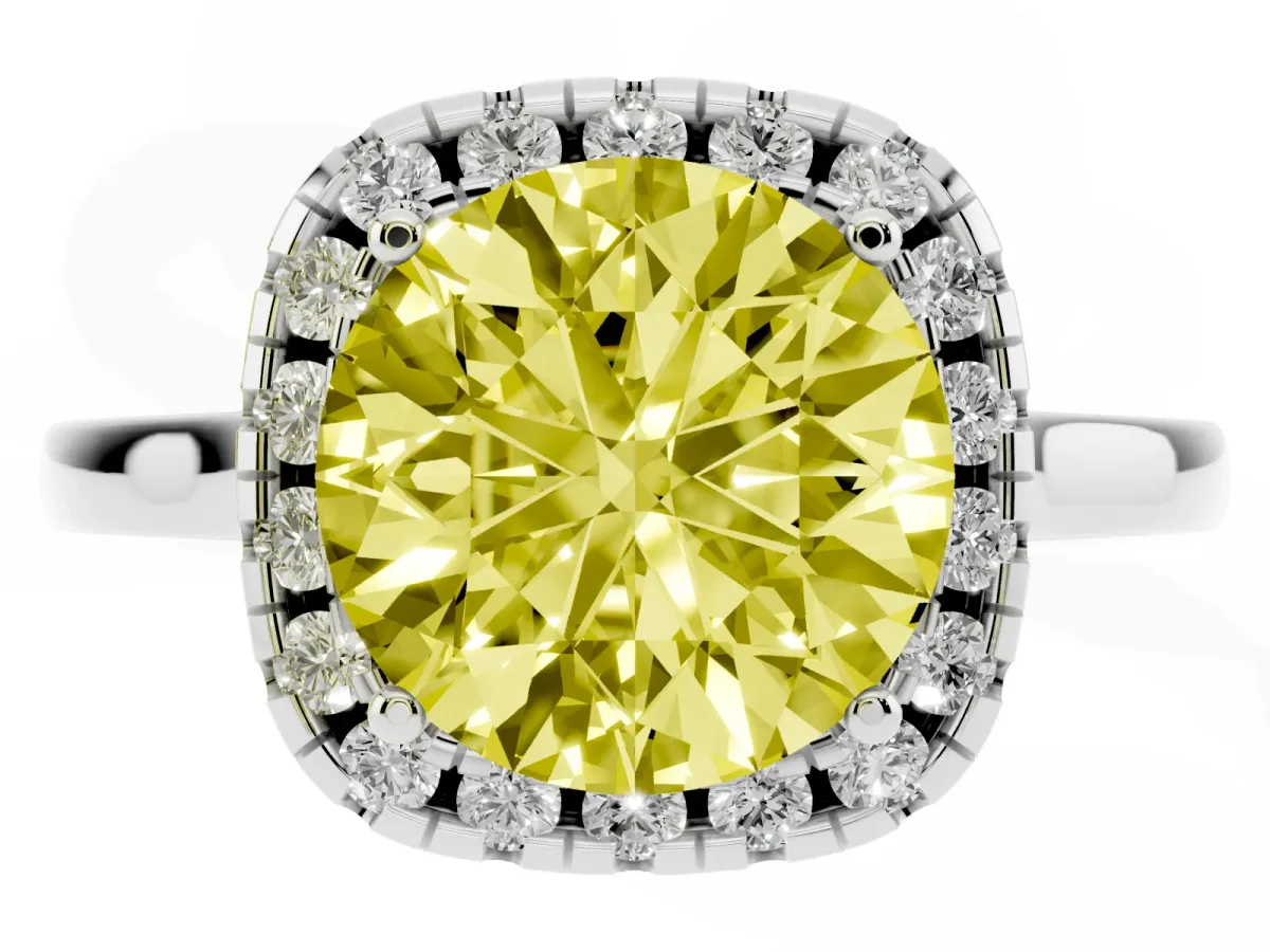 Fancy Yellow Round Cut Halo Round Diamond Solitaire Ring with Pavé Band and Four-Prong Setting Silver