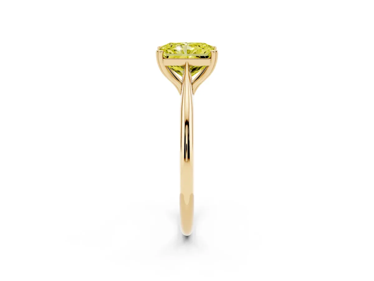 Fancy Yellow Radiant Cut Solitaire Diamond Ring with Six-Prong Setting and Classic Band Yellow gold