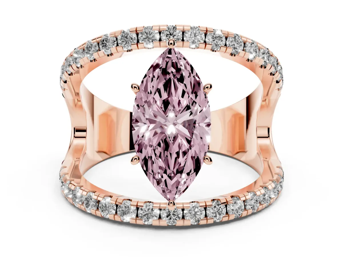 Fancy Pink Marquise Cut Solitaire Split Shank Pave Diamond Ring Rose gold