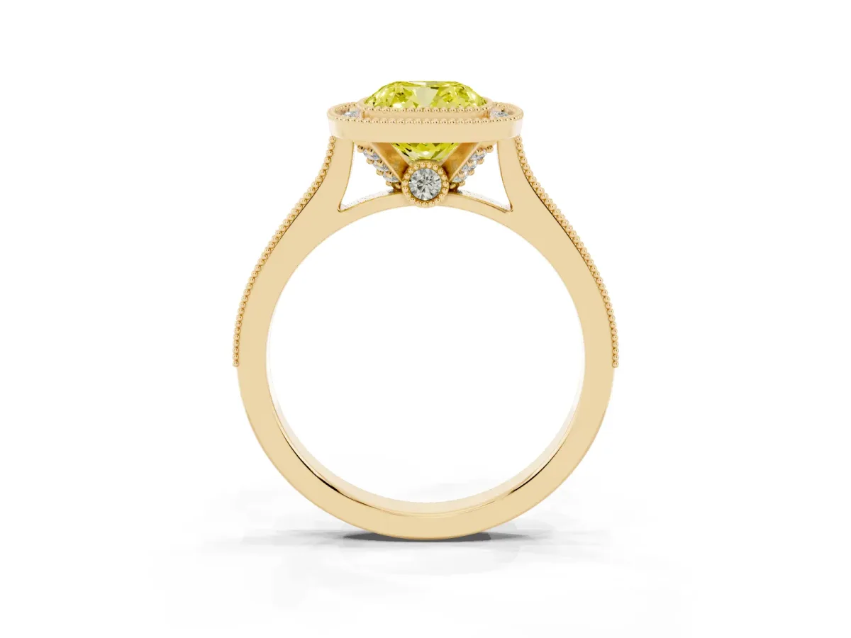Fancy Yellow Halo Cushion Cut-Cut Diamond Pave Band Milgrain Prong Setting Ring Yellow gold