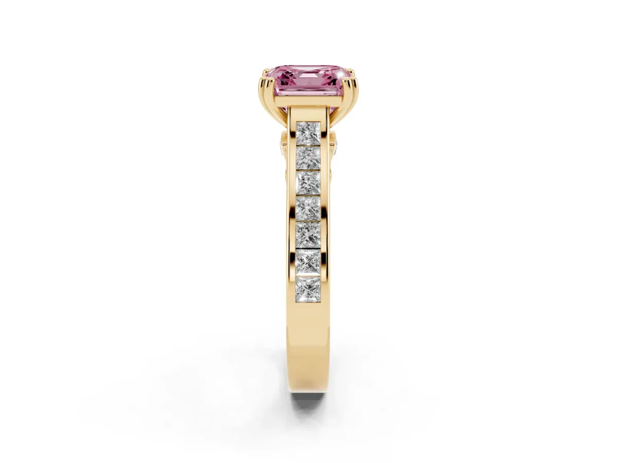 Fancy Pink Asscher Cut Cut Channel Set Solitaire Engagement Ring with Prong Setting Yellow gold