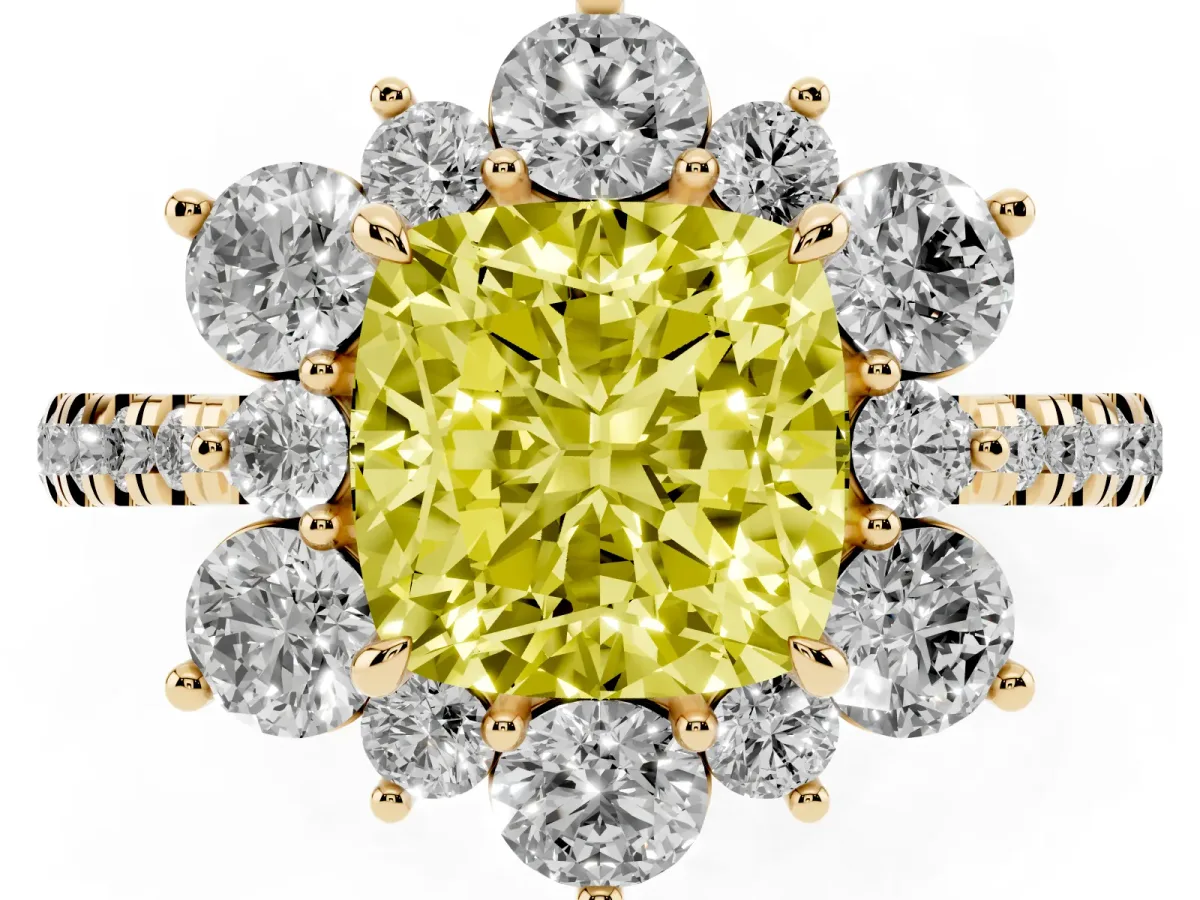 Fancy Yellow Cushion Cut Diamond Floral Halo Ring with Round Pavé Band and Prong Setting Yellow gold