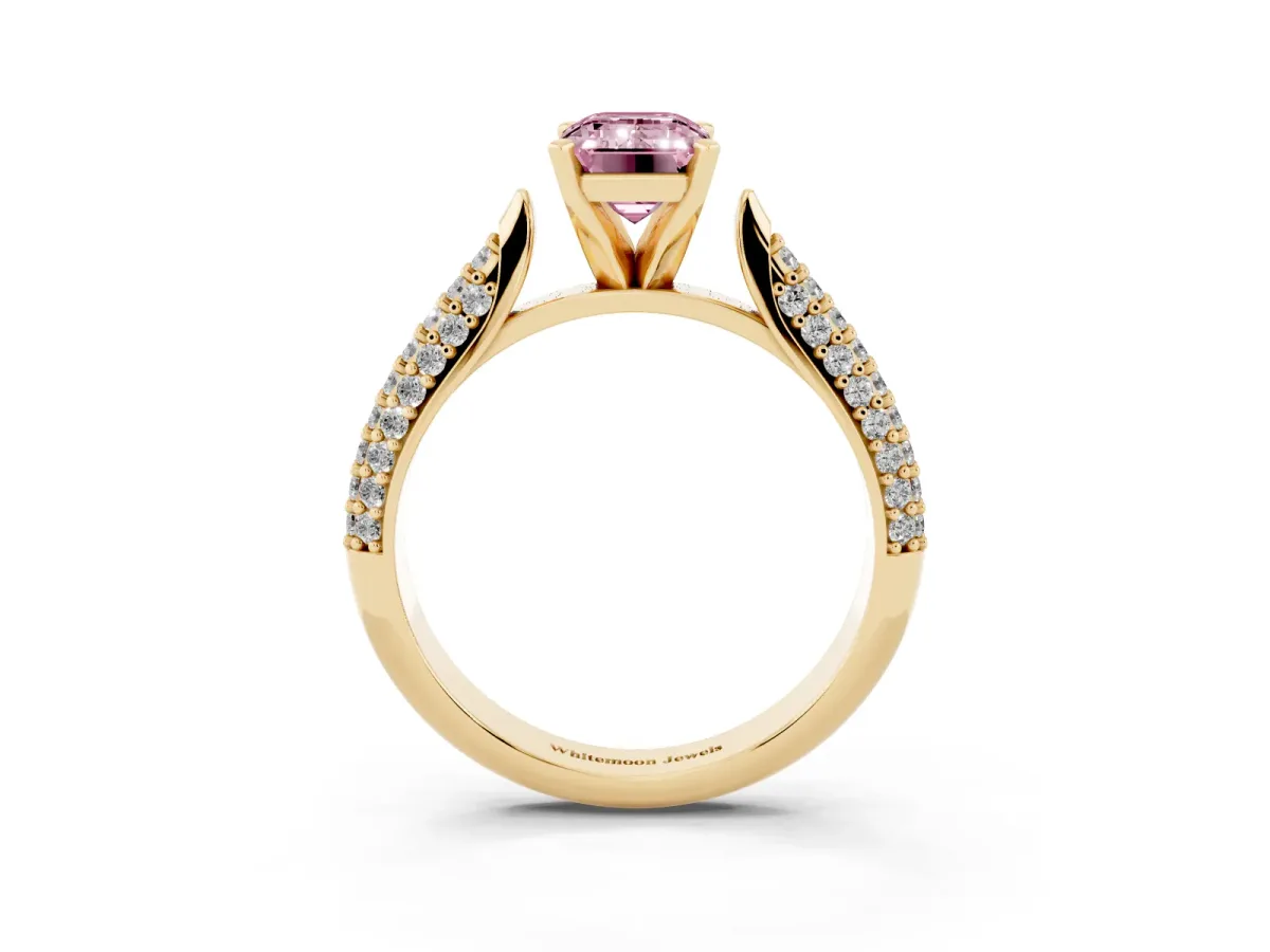 Fancy Pink Emerald Cut Diamond Solitaire Engagement Ring with Multi-Row Round Pavé Band and Prong Setting Yellow gold