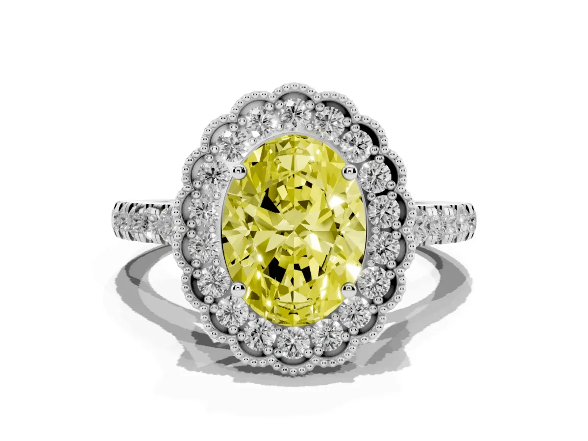 Fancy Yellow Oval Cut Cut Diamond Milgrain Floral Halo Engagement Ring with Pavé Band White gold