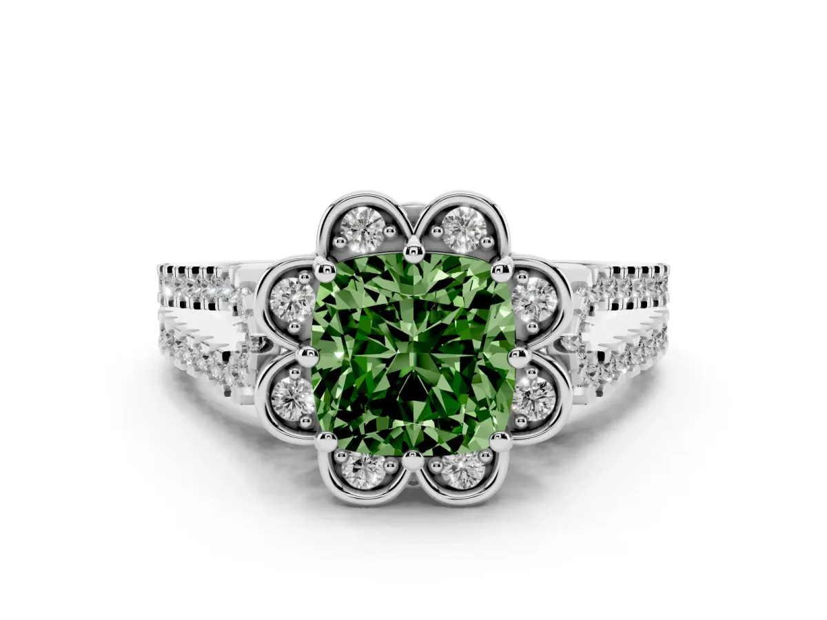 Fancy Green Cushion Cut Halo Diamond Floral Split Shank Engagement Ring Silver