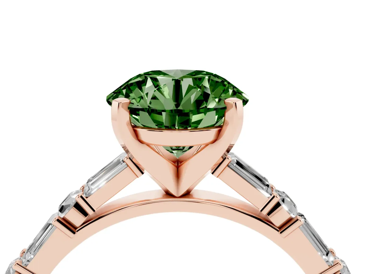 Fancy Green Round Cut Diamond Solitaire with Side Baguettes and Channel Set Band Rose gold