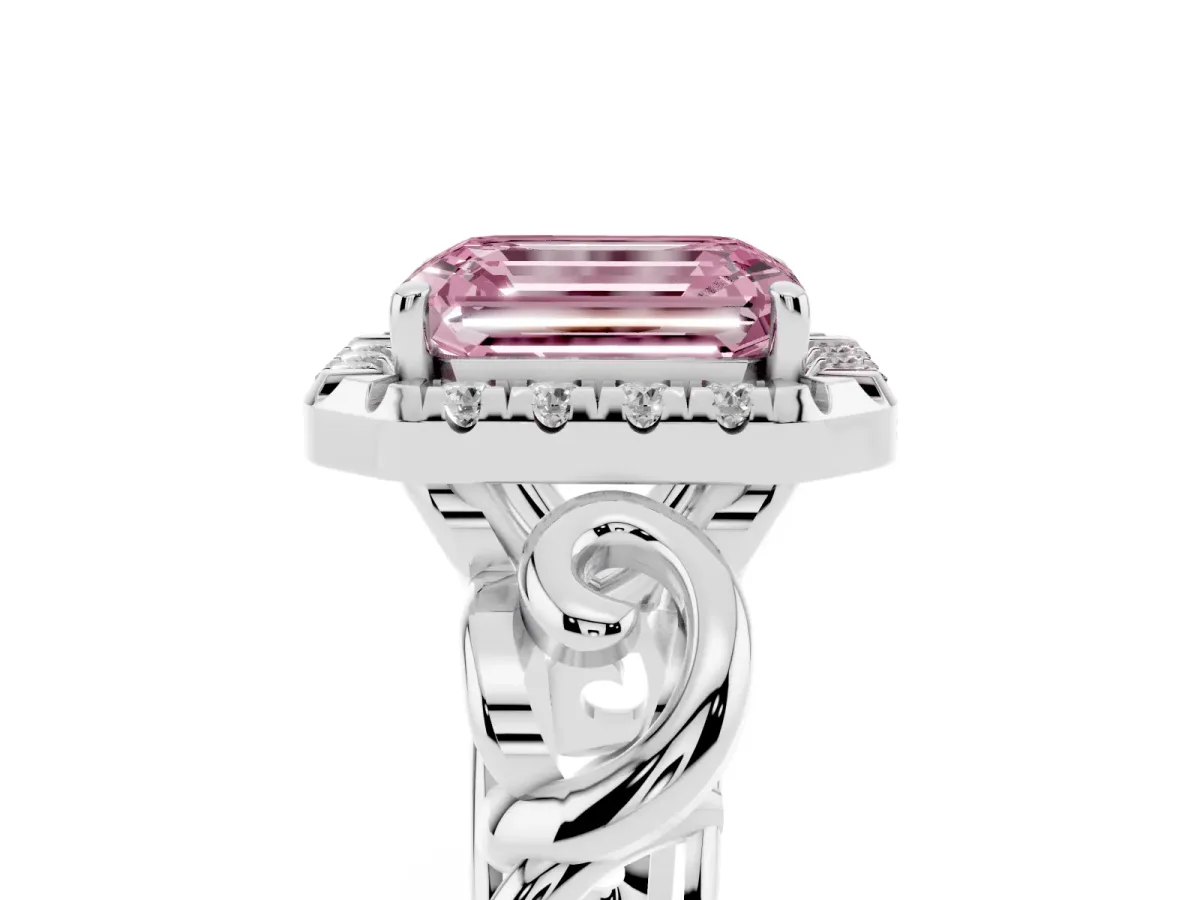 Fancy Pink Emerald Cut Cut Halo Diamond Ring with Scrollwork Band and Four-Prong Setting Silver