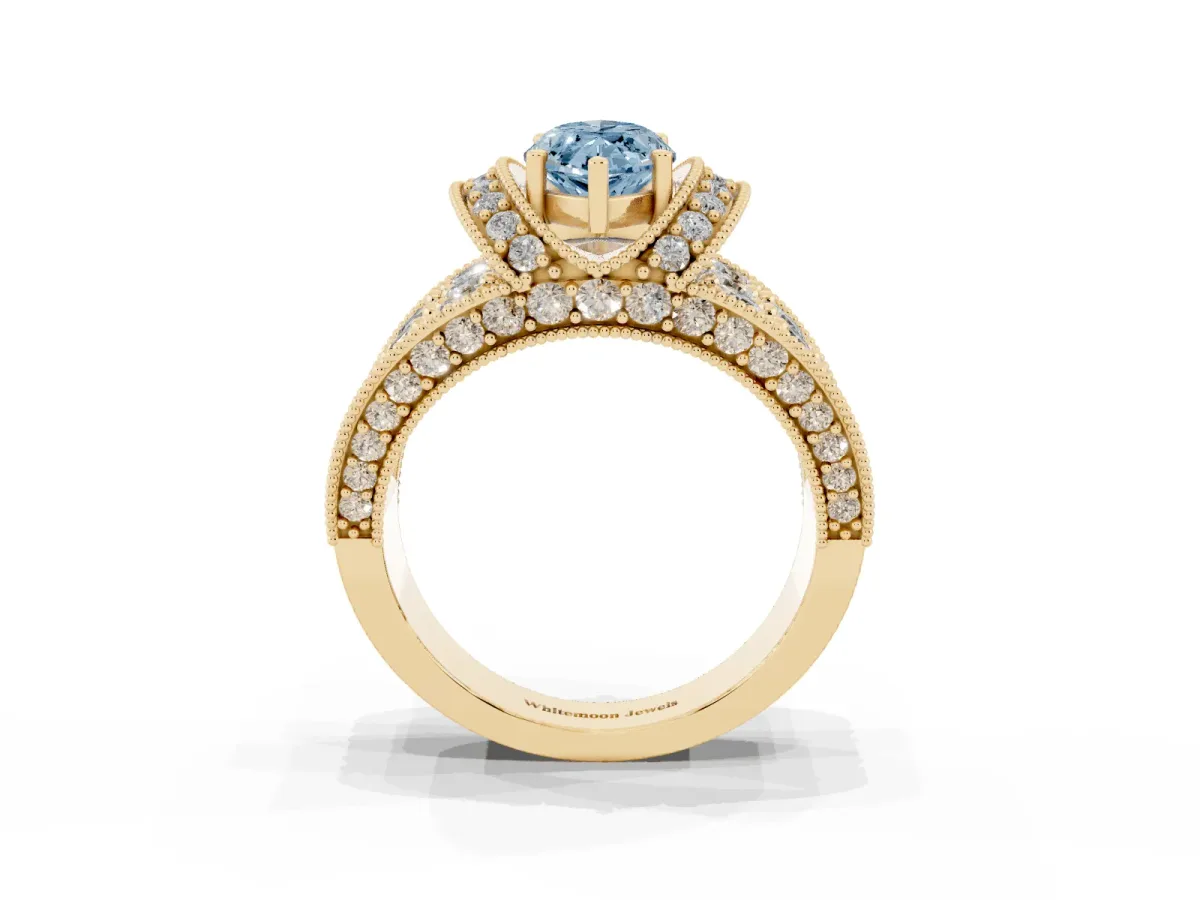 Fancy Blue Marquise Cut Halo Pave Diamond Engagement Ring with Milgrain Detailing Yellow gold