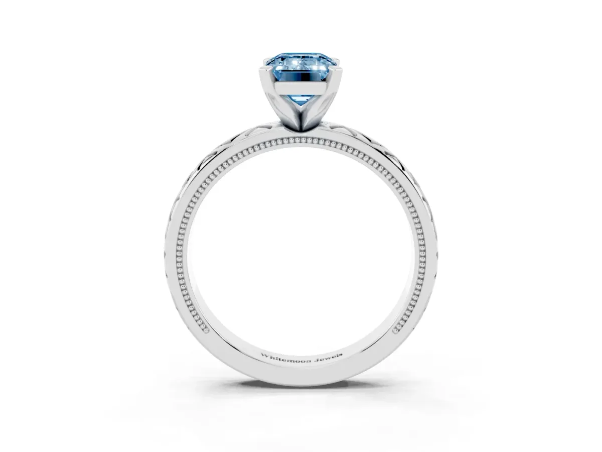 Fancy Blue Emerald Cut Solitaire Diamond Ring with Milgrain and Black Enamel X Pattern Band Silver
