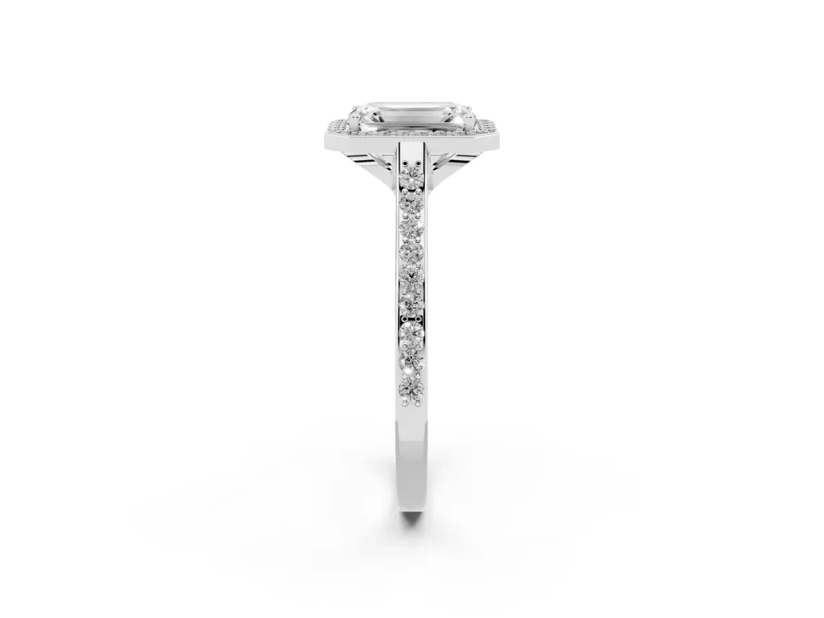 Emerald Cut Diamond Halo Engagement Ring with Round Pavé Shoulders and Prong Setting White gold