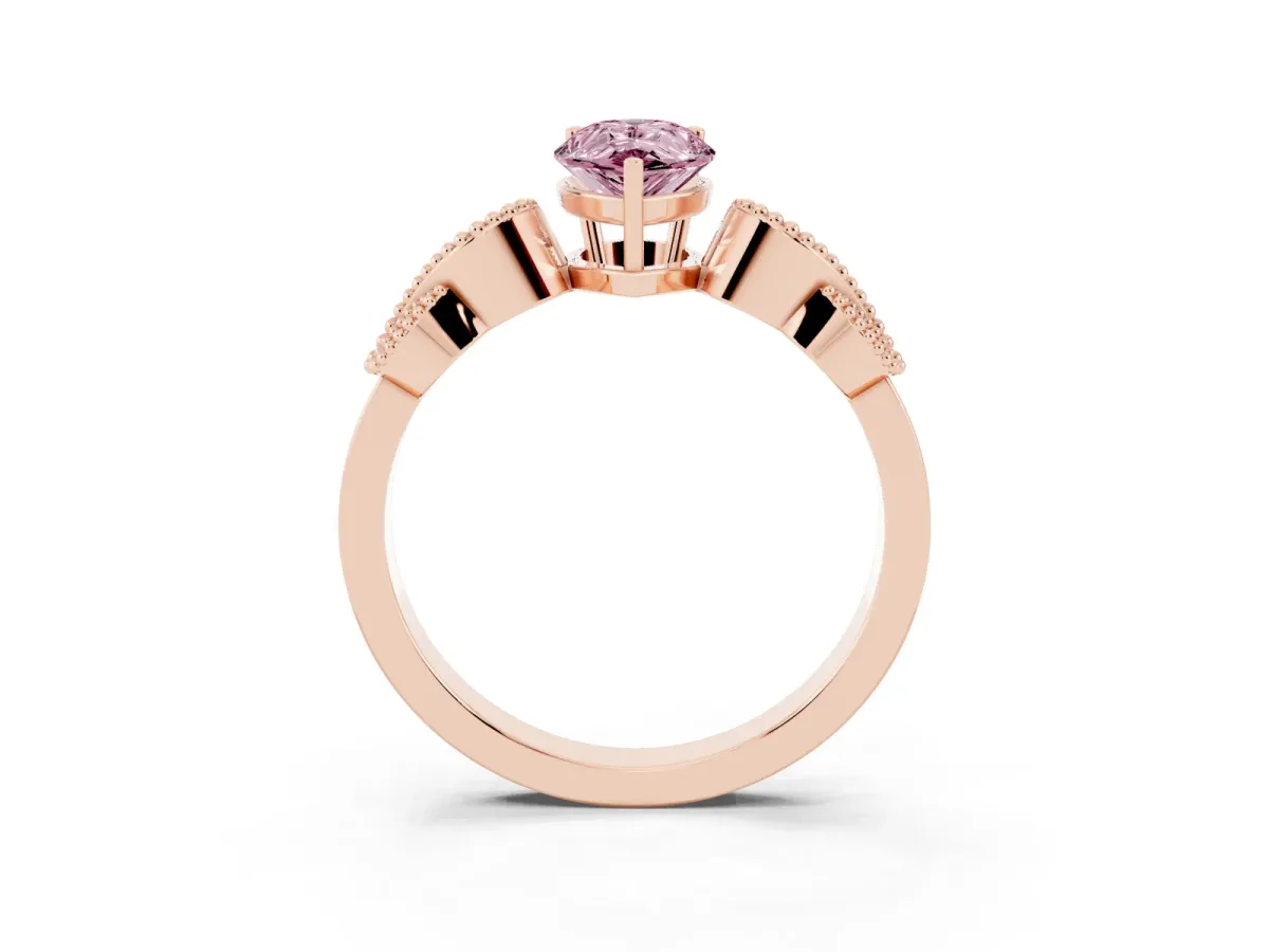 Fancy Pink Pear Cut Solitaire Milgrain Leaf Band with Prong Setting Rose gold