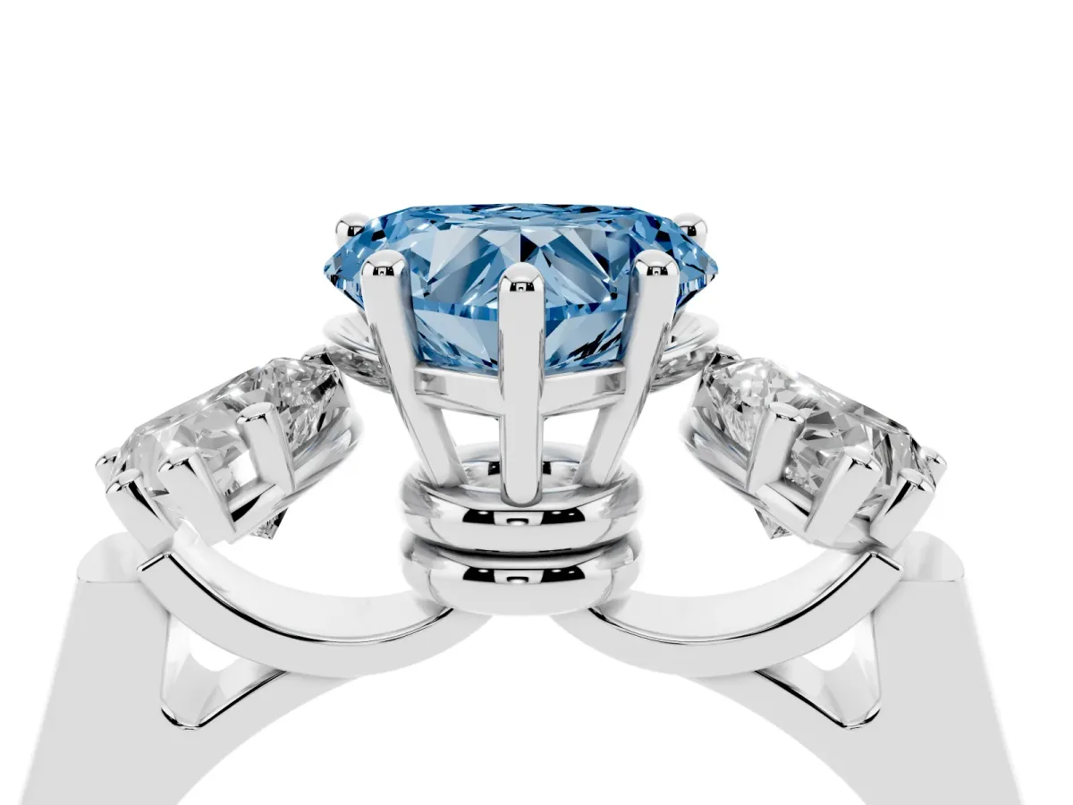 Fancy Blue Three-Stone Heart Cut Brilliant Diamond Trellis Ring with Comfort Fit Band Platinum