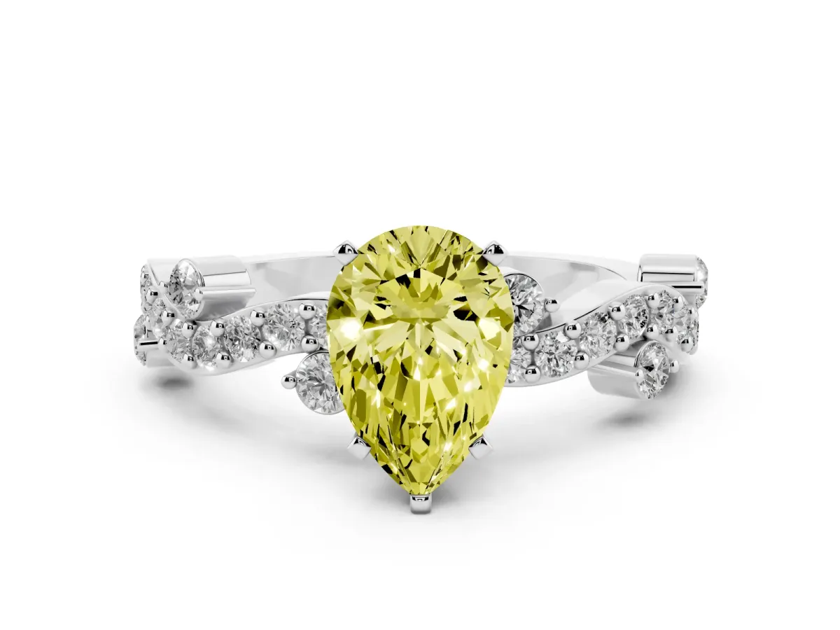 Fancy Yellow Pear Cut Cut Solitaire Diamond Twisted Band with Pave Setting White gold